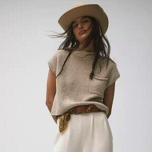 Free People Beach Ribbed Sweater Boxy Boho Neutral Contemporary Lounge Tan